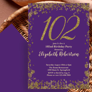 Convites Elegante Aniversário de 102 anos em Roxo e Dourado