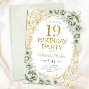 Convites Elegante Aniversário de 19 anos em Verde Sage e Do