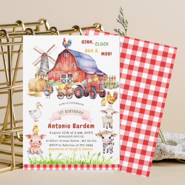 Convites Elegante Aniversário de 1 ano do Bebê da Fazenda e (Criador carregado)
