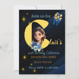 Convites Elegante Aniversário de 20 anos Azul Real e Dourad