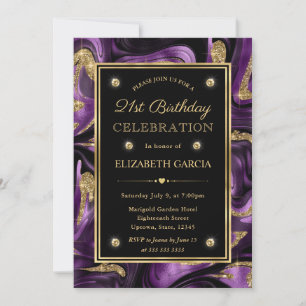 Convites Elegante Aniversário de 21 anos Roxo Dourado Brilh