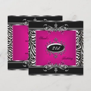 Convites Elegante Aniversário de 21 anos Zebra Rosa Preto P