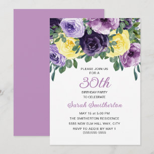 Convites Elegante Aniversário de 30 anos Floral Roxo Amarel