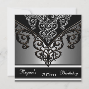 Convites Elegante Aniversário de 30 anos Preto Cinza Prata 