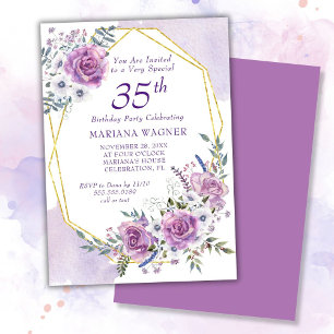 Convites Elegante Aniversário de 35 anos Floral Roxo em Aqu