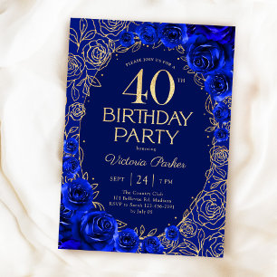 Convites Elegante Aniversário de 40 anos Azul Real Dourado