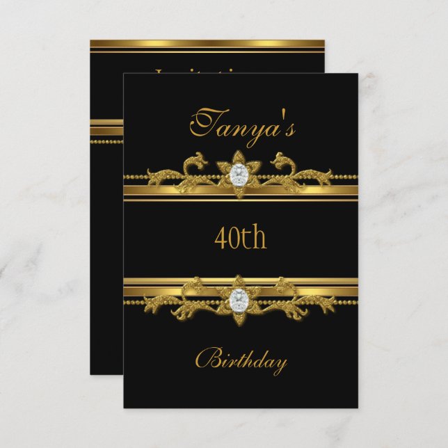 Convites Elegante aniversário de 40 anos de Joia Dourada Pr (Frente/Verso)