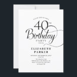 Convites Elegante aniversário de 40 anos de Script Branco P<br><div class="desc">Convite de festas branco preto elegante. Design elegante com fonte de script de tipografia. Trendy convida o cartão perfeito para uma comemoração de na moda. Pode ser personalizado para qualquer idade. Impressos convites Zazzle ou modelo de impressão digital instantânea para download.</div>