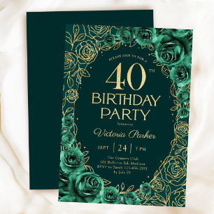 Convites Elegante Aniversário de 40 anos Floral Esmeralda V