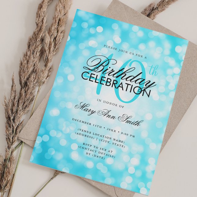 Convites Elegante aniversário de 40 anos Glam Turquoise Bri (Elegant 40th Birthday Glam Turquoise Shimmer Light Invitation)