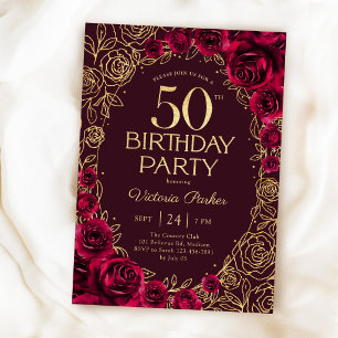 Convites Elegante Aniversário de 50 anos em Burgundy Dourad