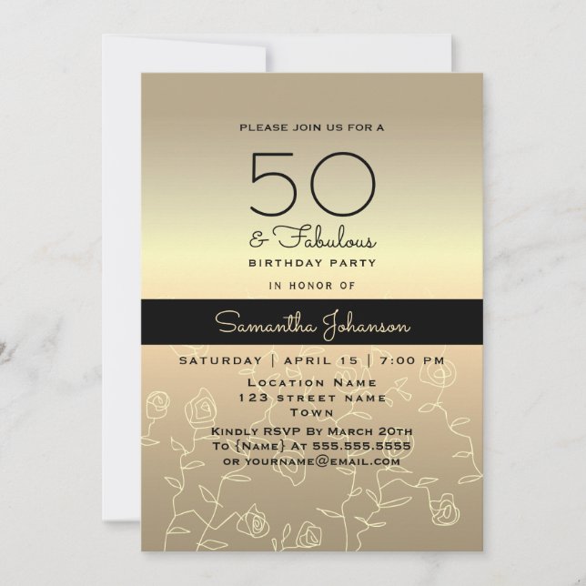 Convites Elegante Aniversário de 50 anos em Ouro (Frente)