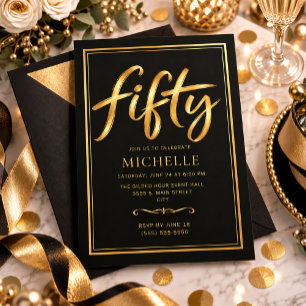 Convites Elegante Aniversário de 50 anos em Preto e Dourado