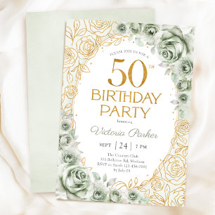 Convites Elegante Aniversário de 50 anos em Verde Sage e Do