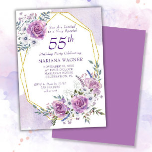 Convites Elegante Aniversário de 55 anos Floral Roxo em Aqu