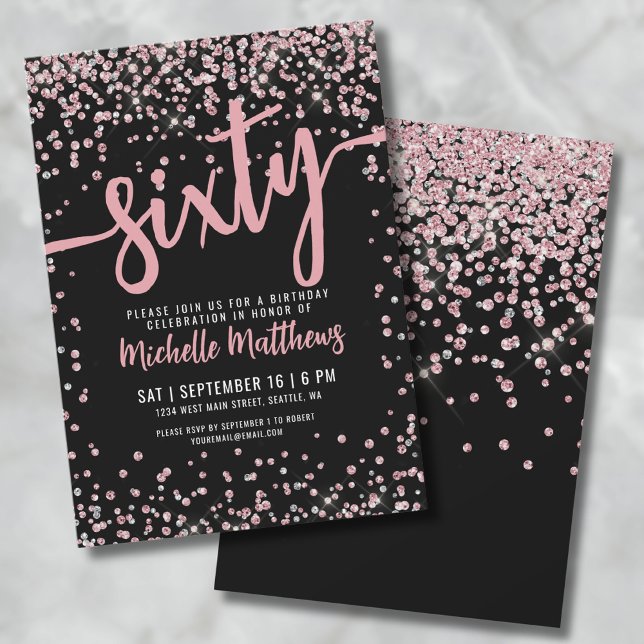 Convites Elegante Aniversário de 60 anos em Ouro Rosa (Rose Gold Glitter 60th Birthday Invitation)