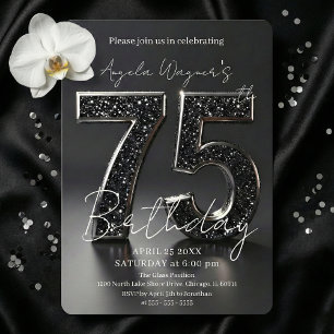 Convites Elegante Aniversário de 75 anos com Brilho Preto 3