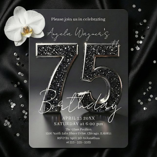 Convites Elegante Aniversário de 75 anos com Brilho Preto 3 (Criador carregado)