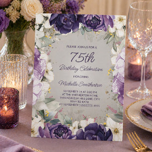 Convites Elegante Aniversário de 75 anos em Glitter Roxo Br