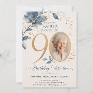 Convites Elegante Aniversário de 80 anos em Azul e Dourado 