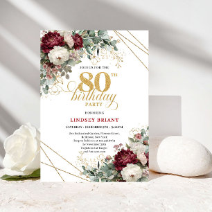 Convites Elegante Aniversário de 80 anos em Burgundy Floral