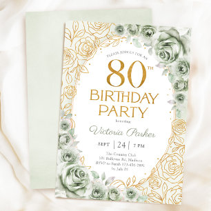 Convites Elegante Aniversário de 80 anos em Verde Sage e Do
