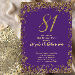 Convites Elegante Aniversário de 81 anos em Roxo e Dourado