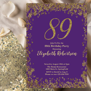 Convites Elegante Aniversário de 89 anos em Roxo e Dourado