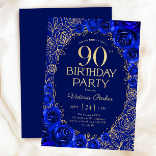Convites Elegante Aniversário de 90 anos Azul Real Dourado