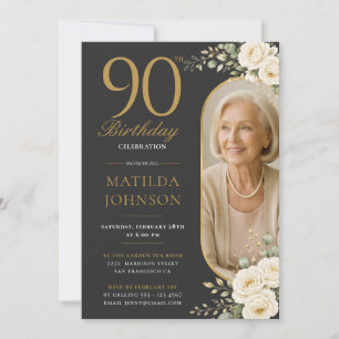 Convites Elegante Aniversário de 90 anos com Foto Floral Do