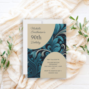 Convites Elegante Aniversário de 90 anos Floral em Azul Tur