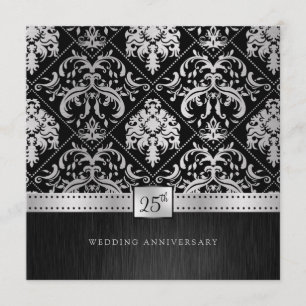 Convites Elegante Aniversário de Bodas de 25 anos Preto e P