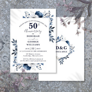 Convites Elegante Aniversário de Bodas de 50 Anos Floral Az