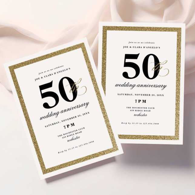 Convites Elegante Aniversário de Bodas de 50 Anos Preto e D (Elegant black and gold glitter milestone wedding anniversary invitations.)