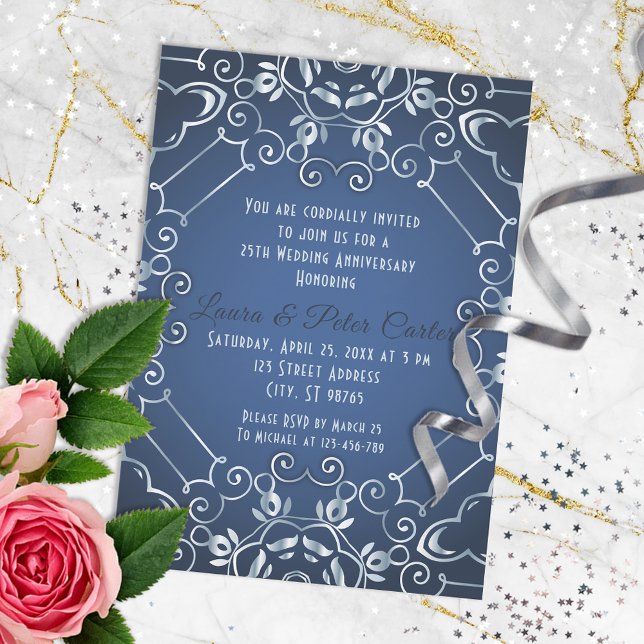 Convites Elegante Aniversário de Casamento Azul e Prata com (Criador carregado)