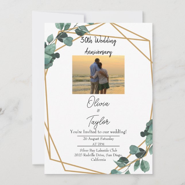 Convites Elegante Aniversário de Casamento com Verde Esmera (Frente)