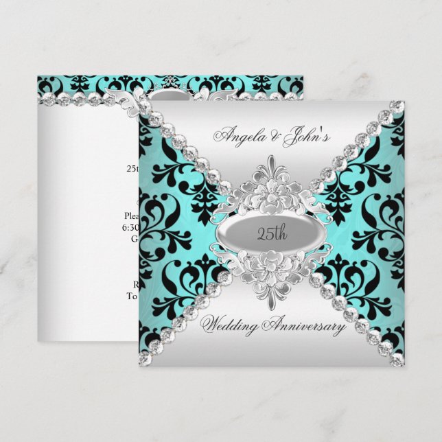 Convites Elegante Aniversário de Casamento de 25 Anos Azul  (Frente/Verso)