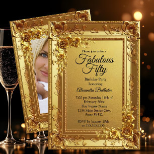Convites Elegante Aniversário Fabuloso Dourado Foto Floral