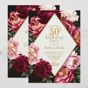 Convites Elegante Aniversário Floral em Burgundy e Blush Pe