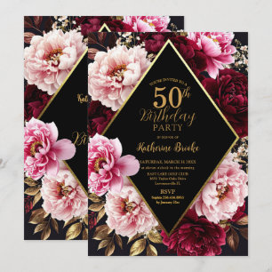 Convites Elegante Aniversário Floral em Burgundy e Blush Pe