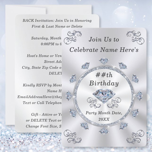 Convites Elegante, Aniversário para Adultos, QUALQUER ANO (60th birthday party invitations for her. Diamond birthday party ideas. 75th birthday invitations.)