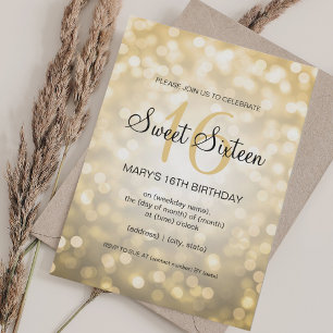 Convites Elegante Aniversário Sweet 16 Luzes Douradas Brilh