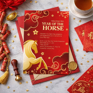 Convites Elegante Ano Novo Lunar Cavalo Ouro Vermelho
