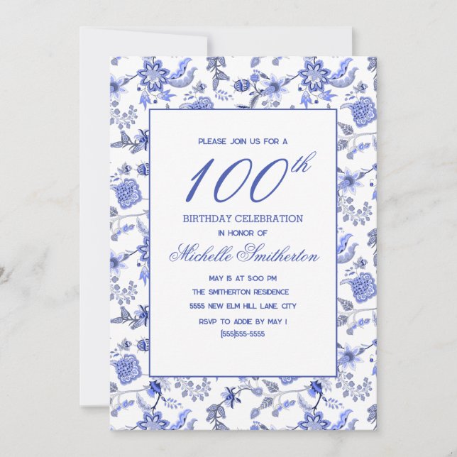 Convites Elegante Antigo Antiguidade Azul Floral 100º  (Frente)