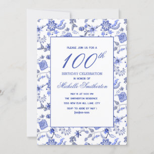 Convites Elegante Antigo Antiguidade Azul Floral 100º 