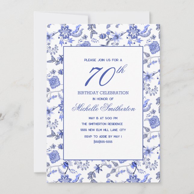 Convites Elegante Antigo Floral Azul 70º  (Frente)