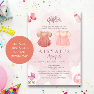 Convites Elegante Aqiqah de Menina Islâmica em Aquarela Ros