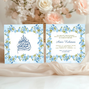 Convites Elegante Aqiqah Floral Azul para Bebê Menino