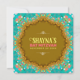 Convites Elegante Aqua Dourada Satin Lace Bat Mitzvah