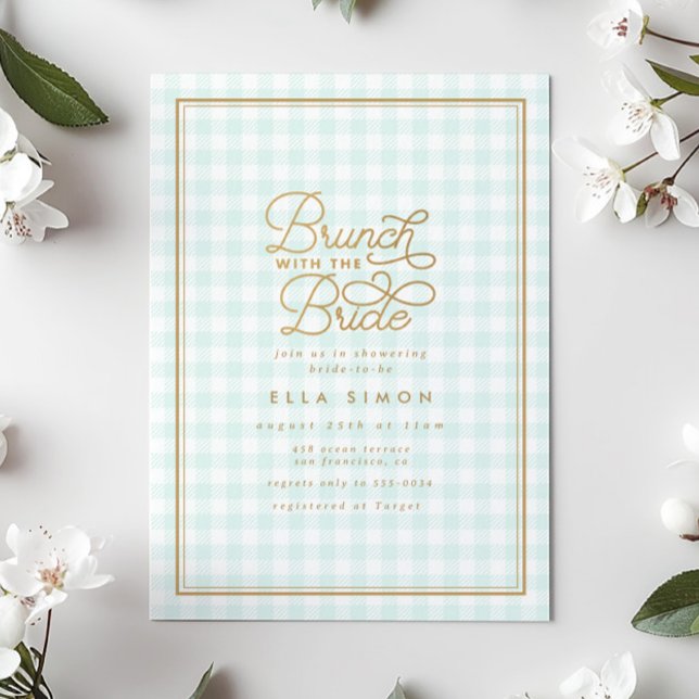 Convites Elegante Aqua Gingham Dourado Chá de panela Brunch (Criador carregado)